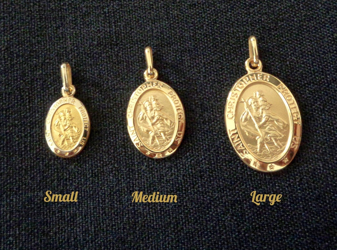 Real Gold Saint Christopher Protect Us Pendant Necklace, Oval 10K SOLID