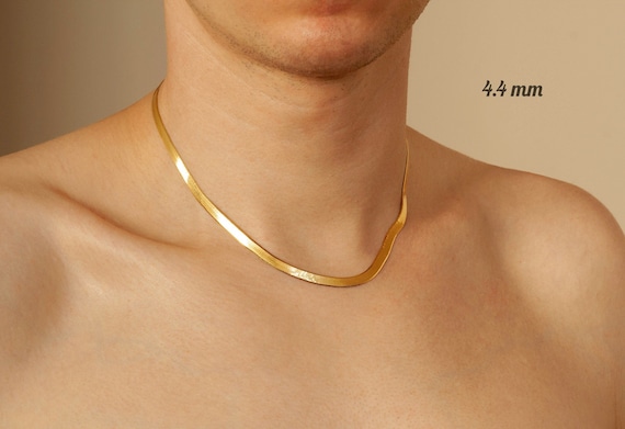 18K Solid Gold Herringbone Necklace, Flat Snake Herringbone Choker, 15.75-  17.75 18K Yellow Gold High Polished 3mm wide Herringbone Chain!