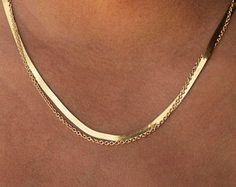 Gold Herringbone Necklace, High Quality 18K Gold Plated on Italy 925 Solid Sterling Silver Flat Snake Chain, Liquid Gold Herringbone Chain