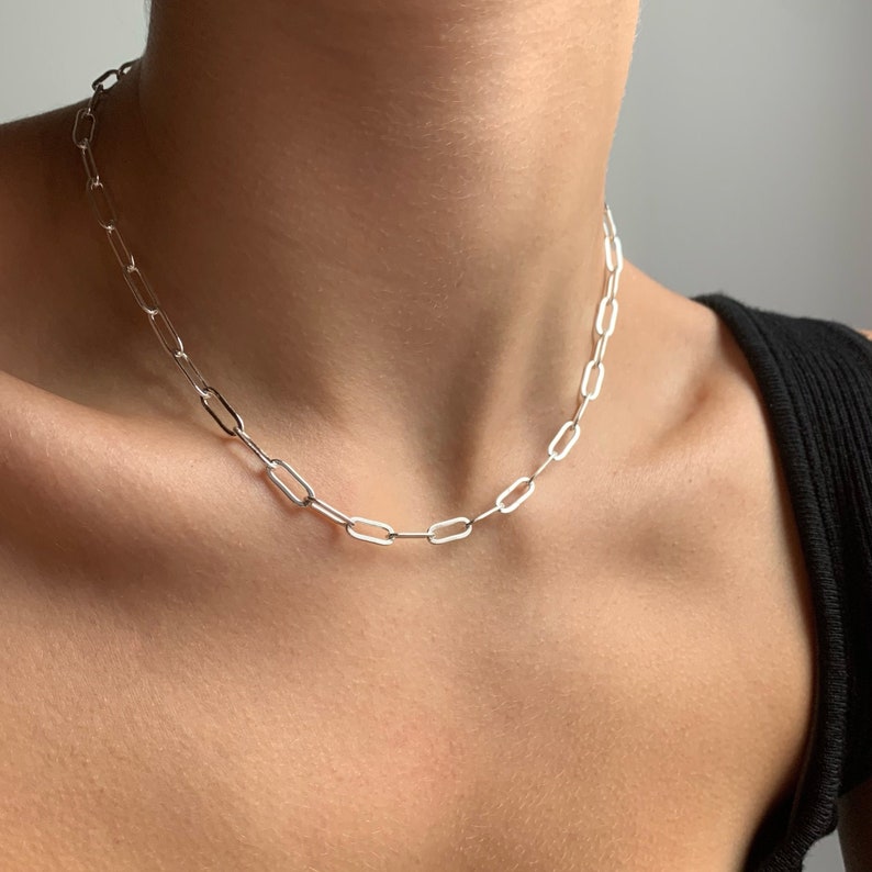 Sterling Silver Paperclip Chain Necklace, 925 Silver Rectangle Link Chain, Long Layering Necklace, Choker Chain, Summer Jewelry 