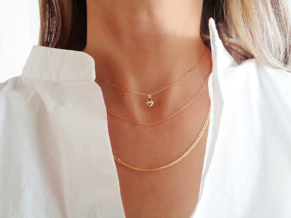 Dainty Solid Gold Heart Necklace 10K Real Gold Box Chain With