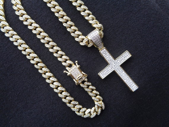 CZ Gold Cross Pendant on Thick Miami Cuban Chain Stunning