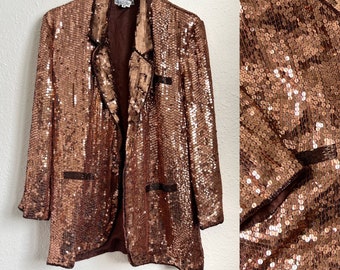 Vintage Sequin Jacket bronze gold metallic blazer 80s 90s statement Party jacket M L