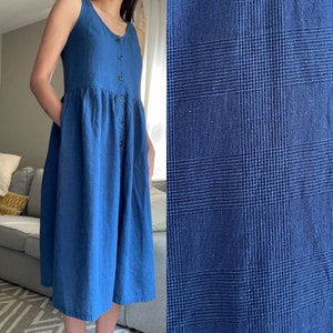 Blue Linen Button Front Midi Dress With Pockets XS