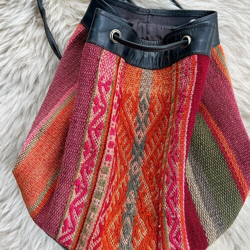 Vintage Turkish shops Kilim Bag // bucket purse, leather carpet bag, bohemian bag, carpet textile backpack, bucket backpack, boho purse