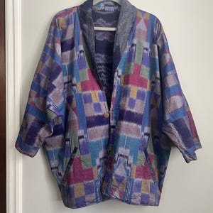 Reversible Ikat Jacket – Indigo Batwing Sleeve Art Jacket – Lightweight Boho Statement Jacket – Vintage textile jacket  (Sold As-Is)