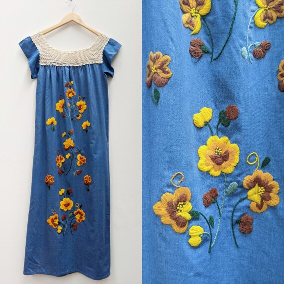 Embroidered Maxi Dress // crochet Mexican dress, k