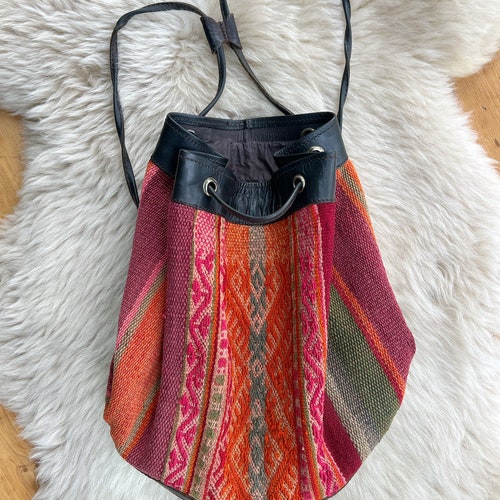 Vintage Turkish shops Kilim Bag // bucket purse, leather carpet bag, bohemian bag, carpet textile backpack, bucket backpack, boho purse
