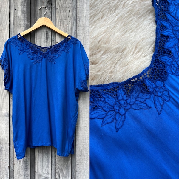 Vintage Blue Cutwork Blouse Mesh Cut Out Top Embroidered Indonesian Shirt M L