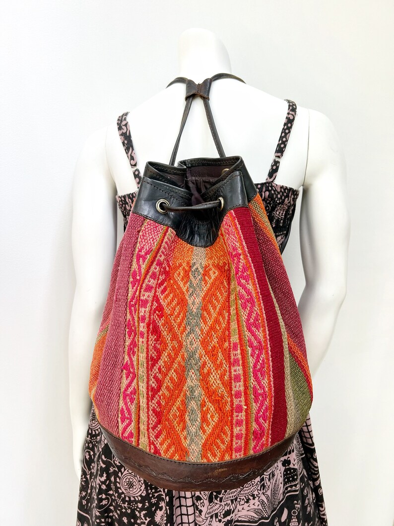 Vintage Turkish shops Kilim Bag // bucket purse, leather carpet bag, bohemian bag, carpet textile backpack, bucket backpack, boho purse