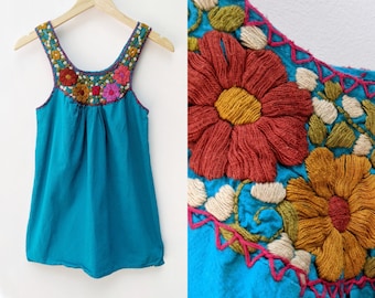 Vintage 70s Blue Hand Embroidered Floral Tank XS