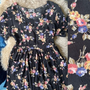 Vintage 90s Grunge Floral Print Midi Dress with Pockets Phoebe Dress Tie Back S Small