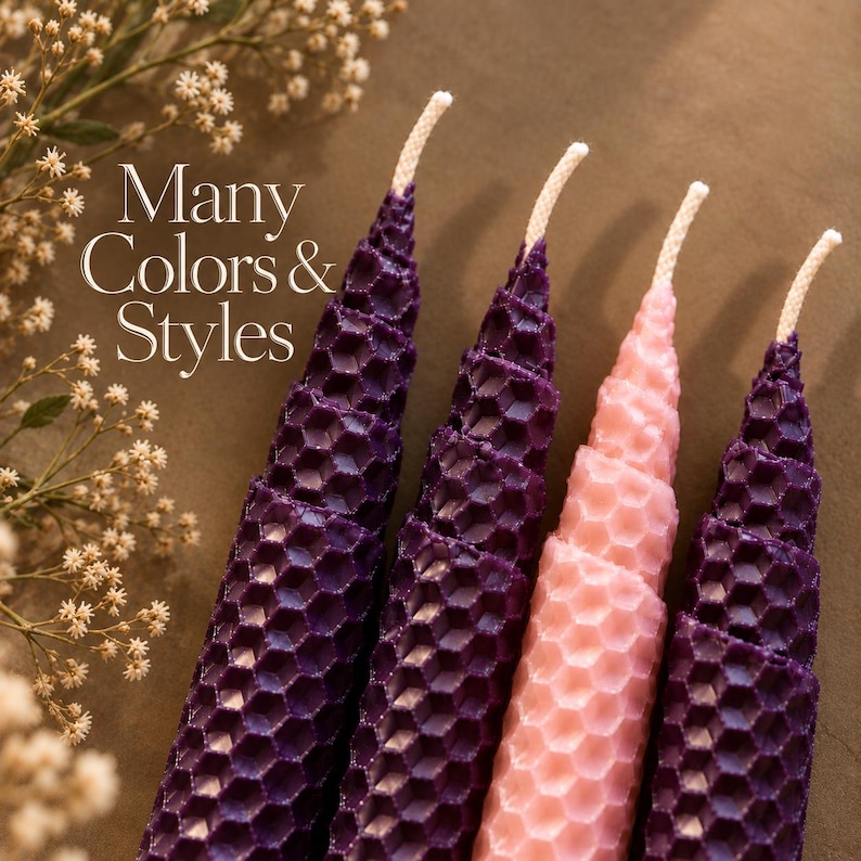 May include: Four tapered candles with a textured honeycomb pattern. Three candles are deep purple and one is light pink. Each candle features a white cotton wick at the top. The text "Many Colors & Styles" is printed in white on the left side.