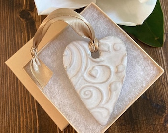 Ceramic Heart Ornament Handmade Valentine Gift Idea Wedding Keepsake Anniversary Rustic Design Farmhouse Decor Romantic Accent White Art