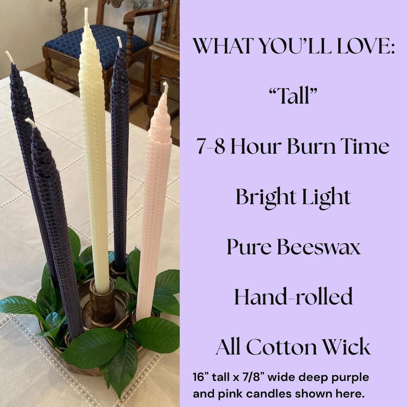 May include: Four hand-rolled beeswax taper candles in deep purple, cream, and light pink, featuring a textured honeycomb pattern and cotton wicks. The candles are 16 inches tall and 7/8 inches wide, displayed in a circular holder with green leaves.