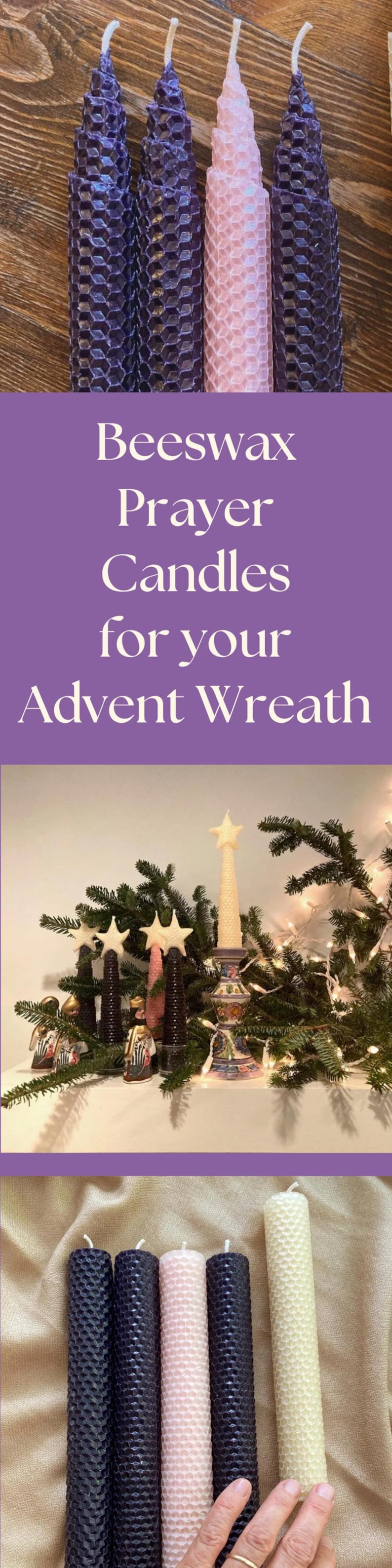 May include: Four tall, cylindrical beeswax candles with a textured honeycomb pattern. Three candles are dark purple and one is light pink. The image includes the text: Beeswax Prayer Candles for your Advent Wreath, alongside a display of candles with star toppers in a pine branch arrangement.