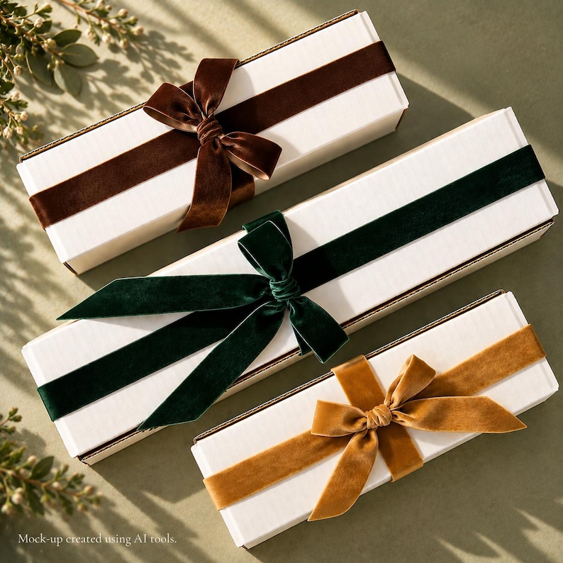 May include: Three rectangular white cardboard boxes, each wrapped with a velvet ribbon tied in a bow. The top box features a dark brown ribbon, the middle box has a dark green ribbon, and the bottom box displays a golden-brown velvet ribbon.