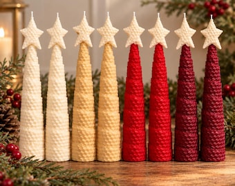 May include: Eight conical candles with a textured honeycomb pattern, each topped with a star. The set includes two white, two light yellow, two bright red, and two deep burgundy candles, all featuring a single wick at the top.