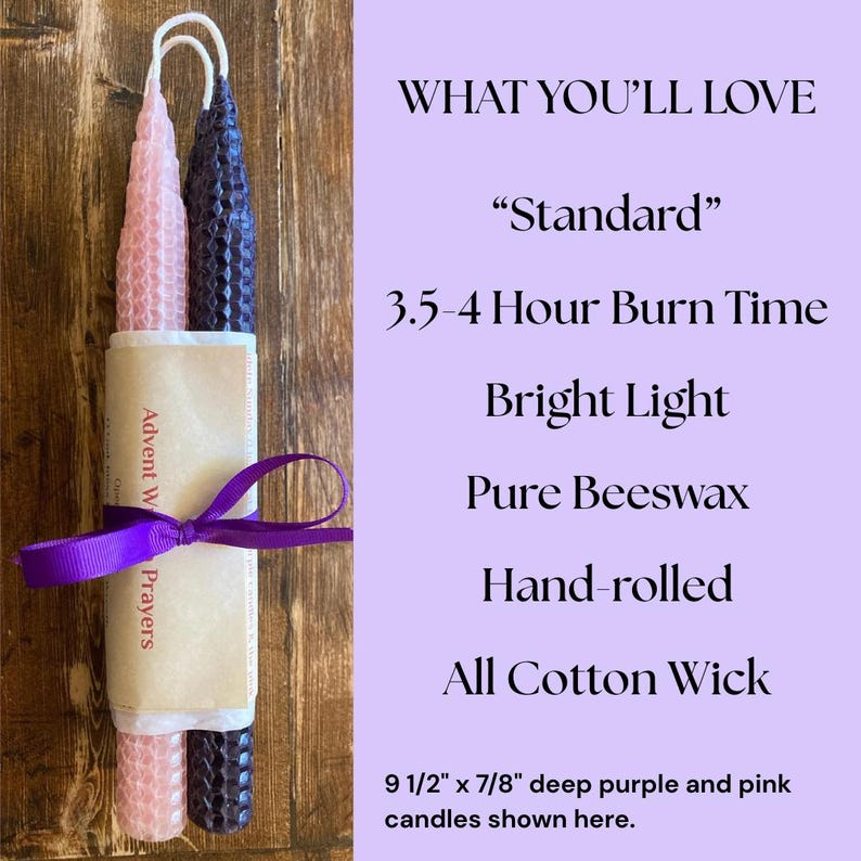 May include: Two hand-rolled beeswax taper candles, one light pink and one deep purple, featuring a honeycomb texture and cotton wicks. They are wrapped in a paper band with a purple ribbon. Text includes: WHAT YOU'LL LOVE, Standard, 3.5-4 Hour Burn Time.
