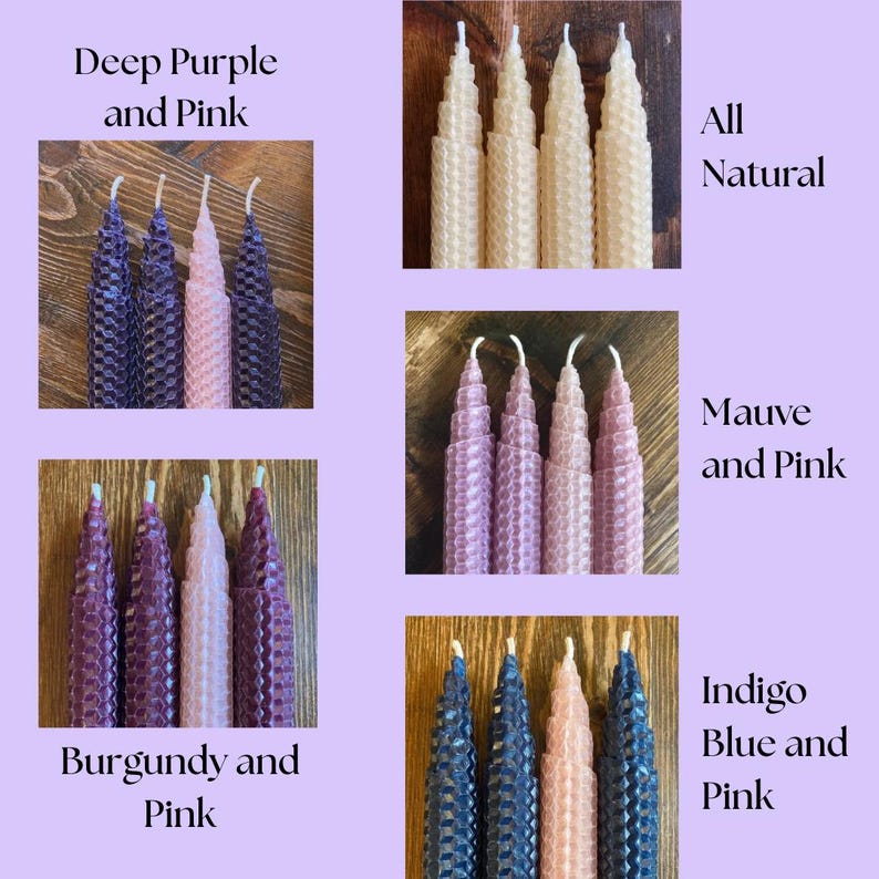 Handmade Beeswax Candles Advent Season Taper Set Catholic Tradition Christmas Holiday Celebration Religious Ceremony Pure Natural Material Standard Size Tapers Purple Ribbon Accent Traditional Design Perfect Gift Christian Friend Advent