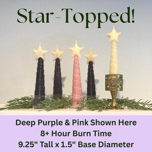 May include: Five conical candles with honeycomb texture and star-shaped toppers. Four are dark purple and one is pink, with one cream candle in a brass holder. Text reads: Star-Topped! Deep Purple & Pink Shown Here 8+ Hour Burn Time 9.25" Tall x 1.5" Base Diameter.