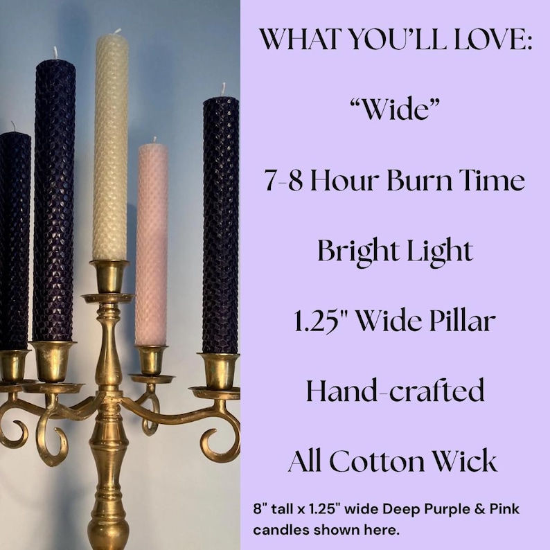 May include: A brass candelabra holding five textured pillar candles in shades of deep purple, cream, and light pink. Text on the right lists features: Wide, 7-8 Hour Burn Time, Bright Light, 1.25 inch Wide Pillar, Hand-crafted, All Cotton Wick, 8 inch tall.