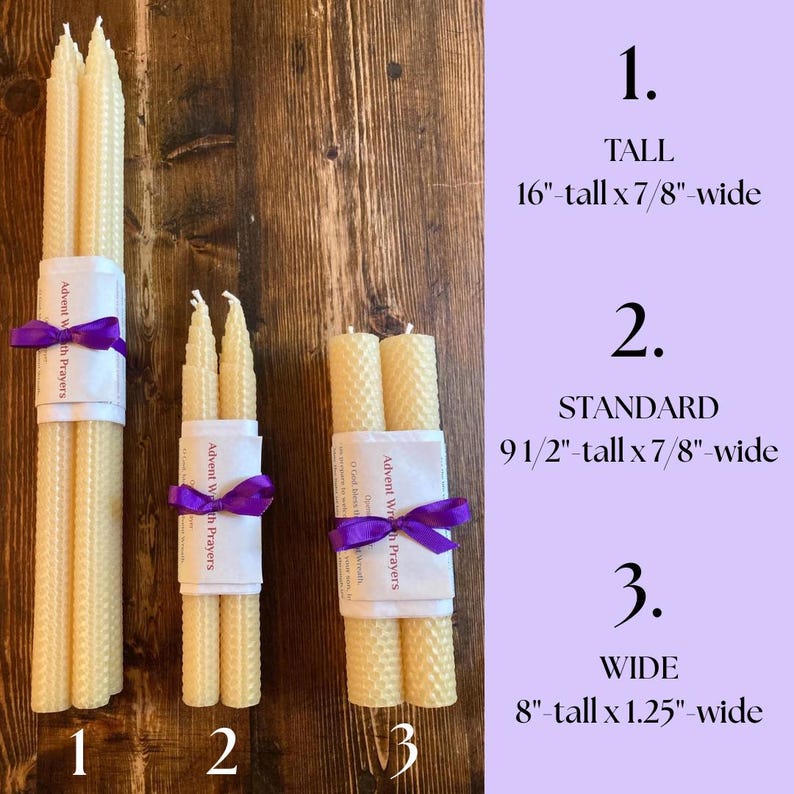 Traditional Advent Set Beeswax Taper Candles Christmas Holiday Celebration Catholic Ceremony Religious Tradition Pure Natural Material Handmade Quality Standard Size Purple Ribbon Design Festive Season Decoration Perfect Gift Christian