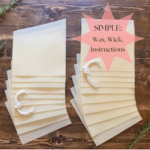 May include: Two stacks of rectangular, pale yellow beeswax sheets with a textured honeycomb pattern. Each stack includes a coiled white cotton wick. A pink star-shaped graphic overlay features the text: SIMPLE: Wax, Wick, Instructions.