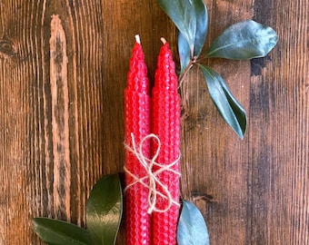 Red Beeswax Taper Candle Pair Dinner Romantic Date Night Ambiance Dining Table Decoration Elegant Handmade Natural Vibrant Setting Special