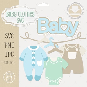 Puede incluir: Ilustración digital de ropa de bebé en colores pastel. La imagen incluye un pelele azul, un body verde menta y un peto beige. La palabra "Baby" está en azul claro, y el texto "Baby Clothes SVG" también está presente.