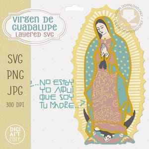 Op de afbeelding: Digitale illustratie van de Maagd van Guadalupe, in roze en blauwe gewaden, met een gele halo. De afbeelding bevat Spaanse en Engelse tekst, en informatie over het bestandstype.