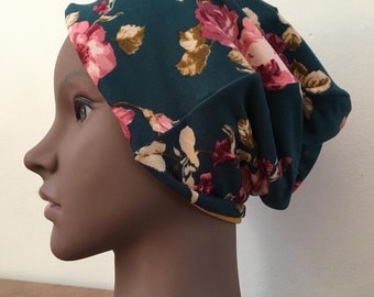 Reversible Slouchy Beanie, Green Beanie, Floral Beanie, Pink Beanie;