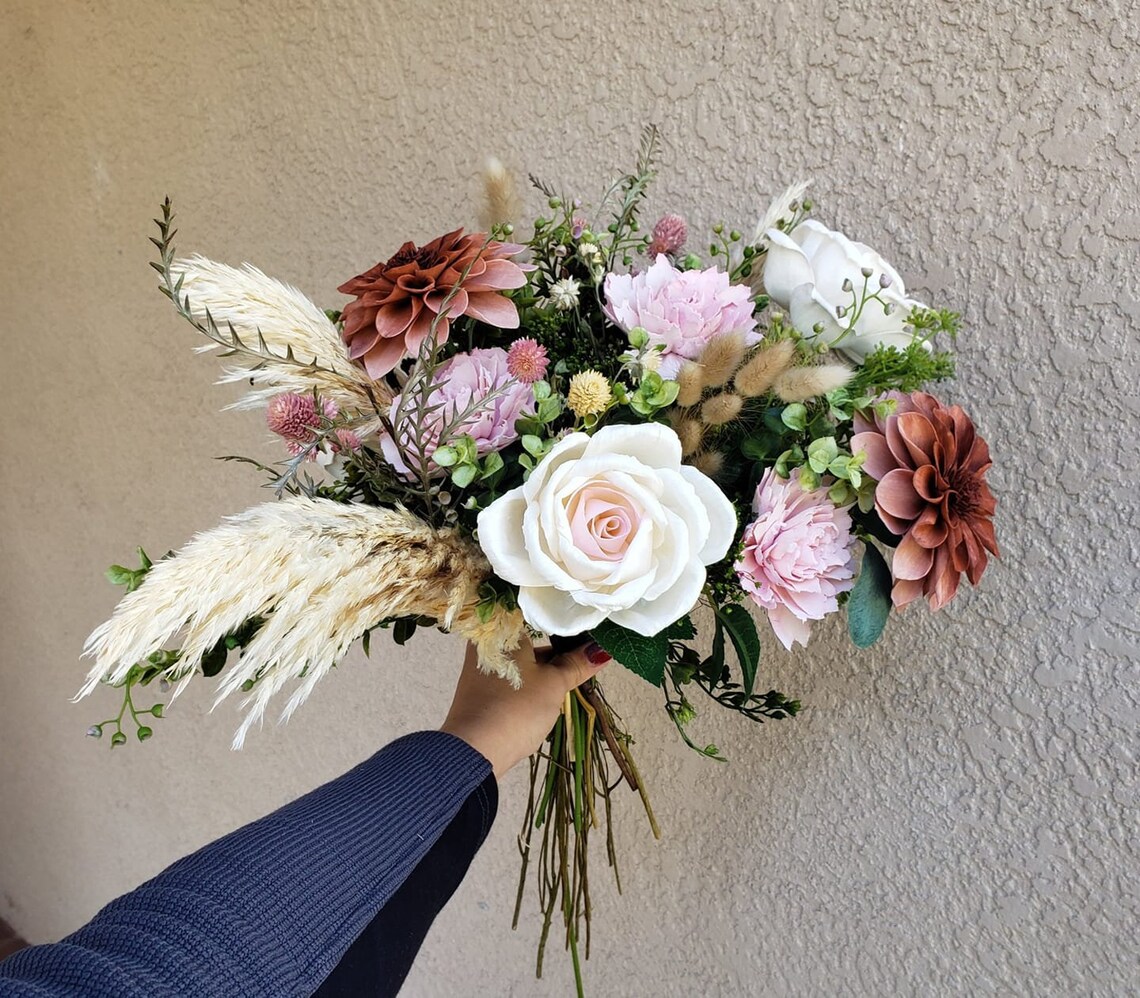 Small Wild Bridal Bouquet 14 Wood Flowers Sola Etsy