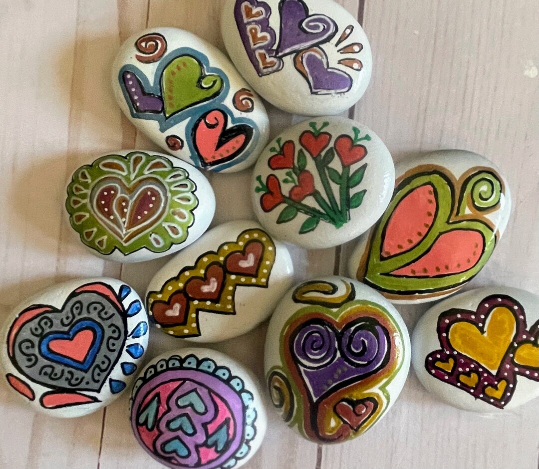 Assortment of Painted Rocks, Valentine's Rocks, Hand Painted Heart ...