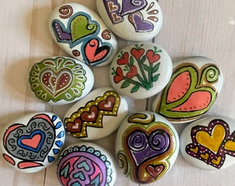 assortment of painted rocks, Valentine's rocks, hand painted Heart themed rocks, wedding favor painted rocks, party favor rocks,Table favors