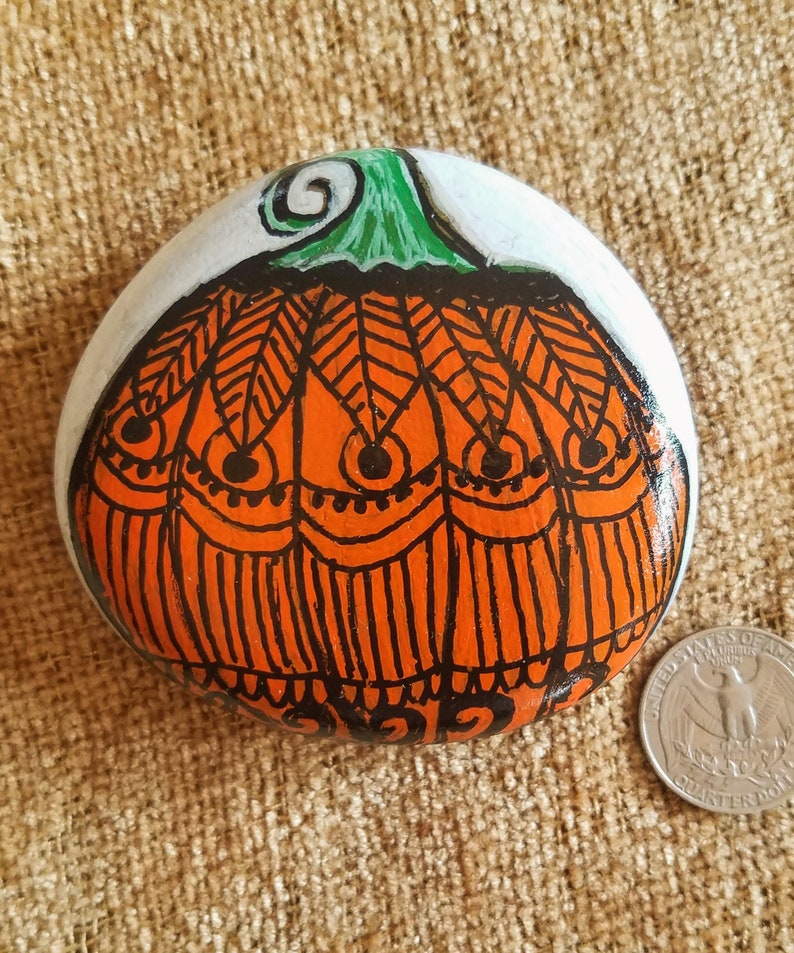 decorated pumpkin painted rock, Halloween decor, Fall decoration, unique Halloween decorated rock, Fall decorated pumpkin, Autumn home decor image 2