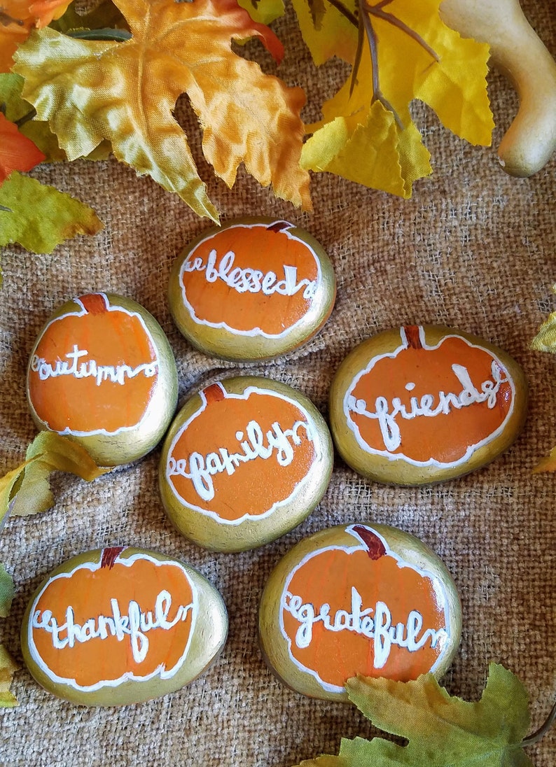 Thanksgiving themed painted rocks, pumpkin rocks, set of 6 Thanksgiving decorated rocks, housewarming gift, Thanksgiving decor, autumn decor image 2