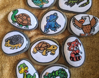 Zoo Animal Story Stones Painted Rocks, Montessori tactile learning, reptile theme story stones, pre-school learning activity, zoo animals