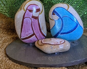 Painted rock nativity, Hand-painted Christmas Nativity, Holiday table decor, Mary, Joseph, baby Jesus,