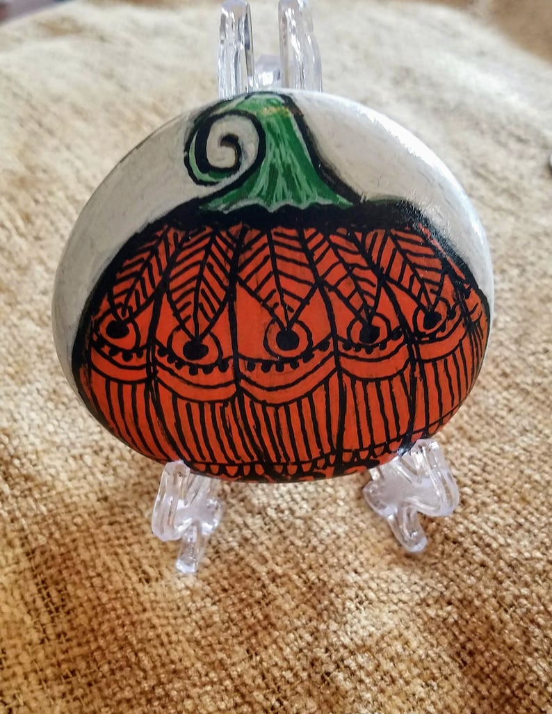 decorated pumpkin painted rock, Halloween decor, Fall decoration, unique Halloween decorated rock, Fall decorated pumpkin, Autumn home decor image 4