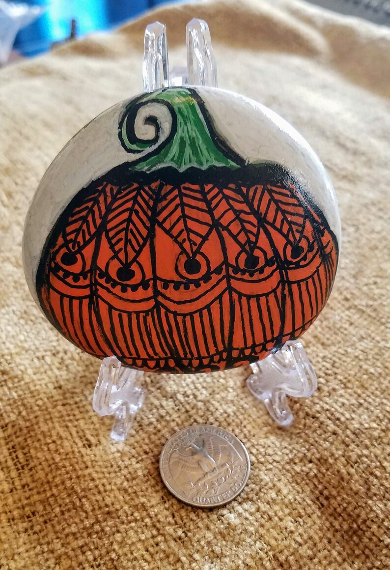 decorated pumpkin painted rock, Halloween decor, Fall decoration, unique Halloween decorated rock, Fall decorated pumpkin, Autumn home decor image 5