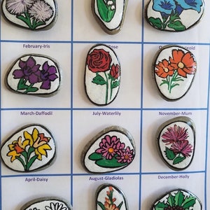 Hand-Painted Flower Rock Magnets: Birthday Month Garden Decor