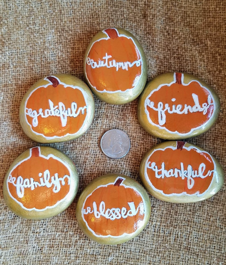 Thanksgiving themed painted rocks, pumpkin rocks, set of 6 Thanksgiving decorated rocks, housewarming gift, Thanksgiving decor, autumn decor image 4