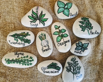 Garden herbs rock magnets, kitchen magnets, perfect gift for gardener, herb garden painted rock magnets, set of herbs rock magnets,