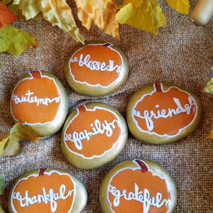 Thanksgiving themed painted rocks, pumpkin rocks, set of 6 Thanksgiving decorated rocks, housewarming gift, Thanksgiving decor, autumn decor image 1