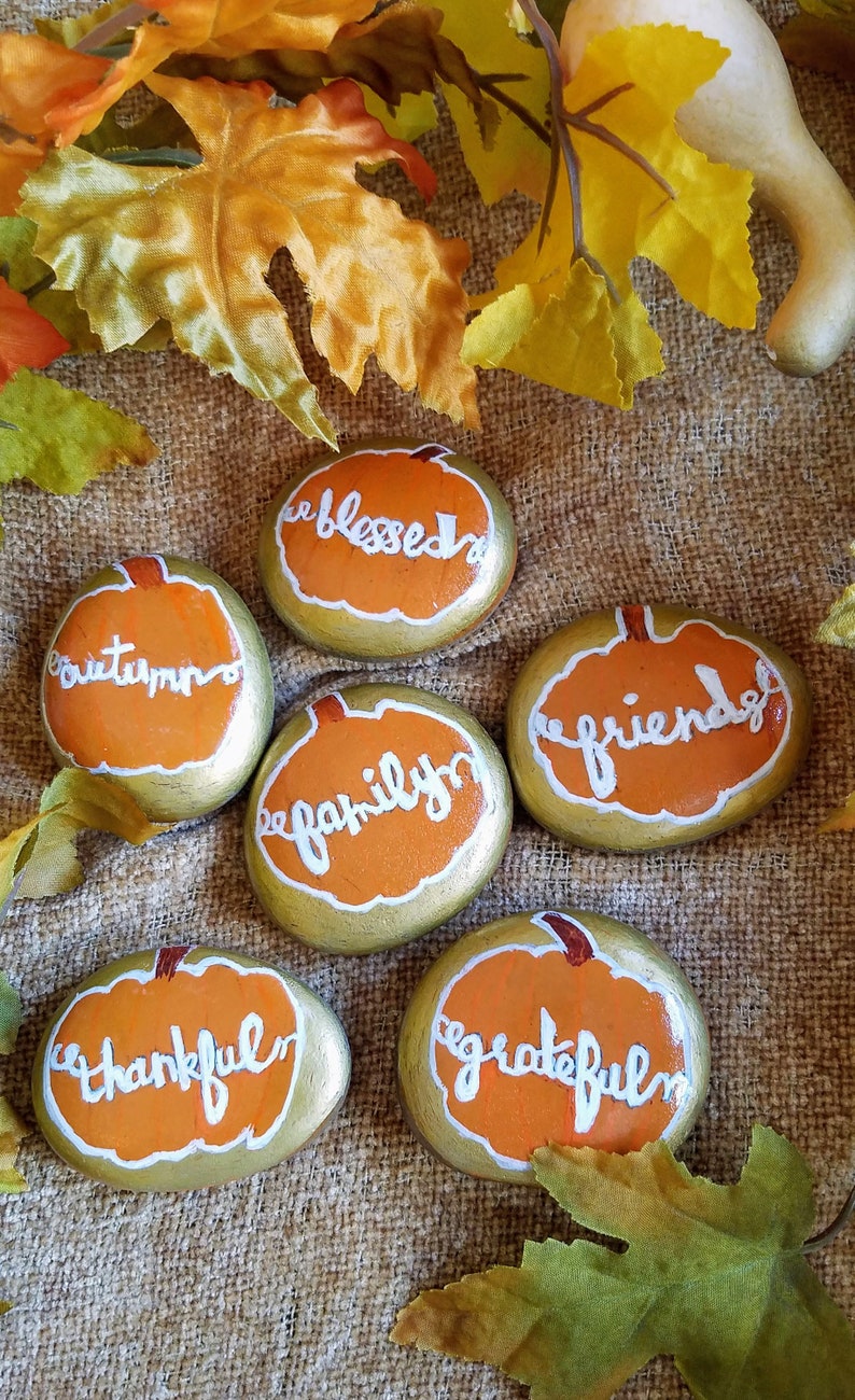 Thanksgiving themed painted rocks, pumpkin rocks, set of 6 Thanksgiving decorated rocks, housewarming gift, Thanksgiving decor, autumn decor image 1