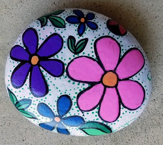 Colorful abstract floral print hand painted rock sealed in resin unique gift idea
