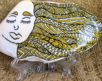 Woman with zentangle hair, pretty lady zentangle, ladies face painted stone, gift for her, Golden Santorini painted stone, gift for friend