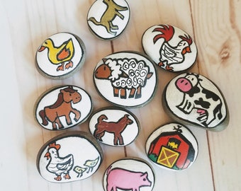 Farm animal story stones, Old McDonald Story Stones, pre-school learning stones, pre-school literacy toys, Painted rock