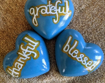 Gratitude heart shaped painted rocks, Thankful heart, blessed heart, heart shaped rocks, perfect hostess gift, Thanksgiving decor, grateful